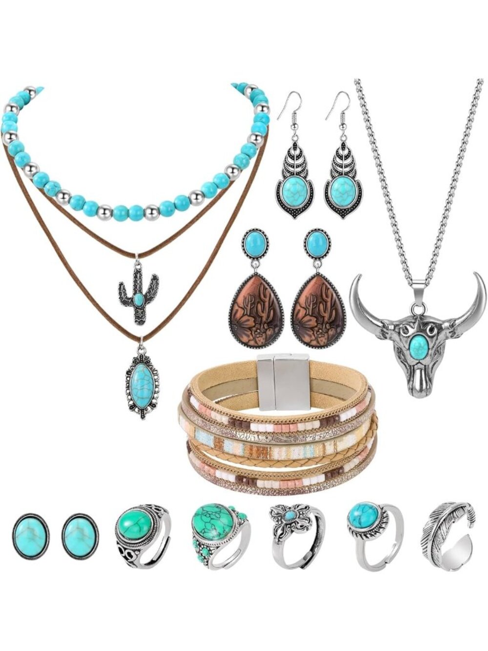 Boho Turquoise Jewelry Set for Women - Necklace, Earrings, Bracelet & Rings